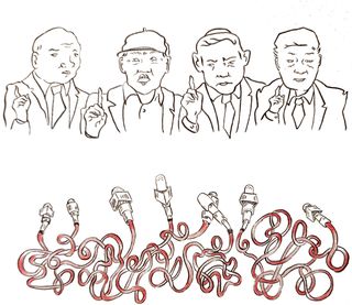 Dessin de Poutine, Trump, Netanyaou, Xi-Jing Ping devant un forêt de microphonees dont les câbles sont entrelacés, allégorie de l'intrumentalisation du language